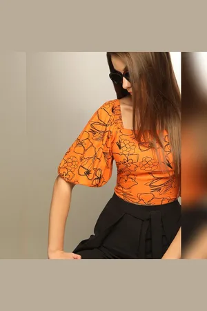 VERO MODA Women Orange Floral Cropped Top, 3/4th Sleeves, Square Neck