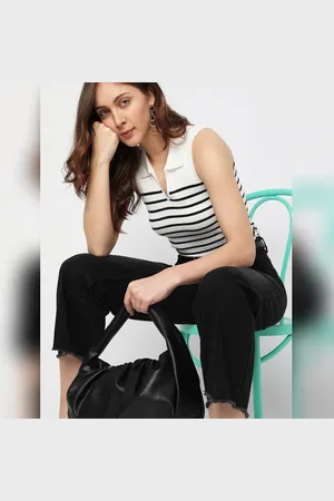 VERO MODA Women White Striped Flatknit Top, Sleeveless, Shirt Collar