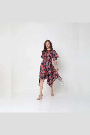 VERO MODA Women Blue All Over Print Asymmetric Midi Dress, Short Sleeves, Round Neck