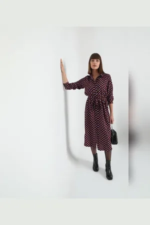 VERO MODA Women Burgundy All Over Print Midi Dress, Long Sleeves, Shirt Collar
