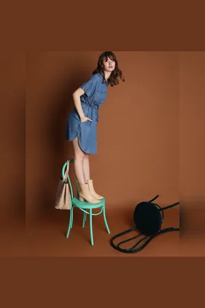 VERO MODA Women Blue Denim Shirt Dress, Short Sleeves, Shirt Collar