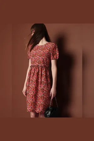 VERO MODA Women Black Floral Print Dress, Short Sleeves, Round Neck
