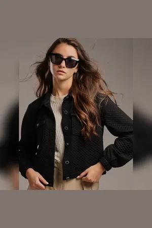 VERO MODA Women Black Quilted Jacket, Long Sleeves, Shirt Collar