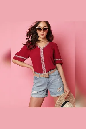 VERO MODA Women Red Top, Short Sleeves, V-Neck