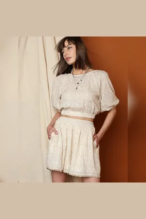 VERO MODA Women Beige Check Cropped Co-ord Set Top, Short Sleeves, Round Neck