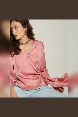 VERO MODA Women Pink Printed Wrap Top, 3/4th Sleeves, V-Neck