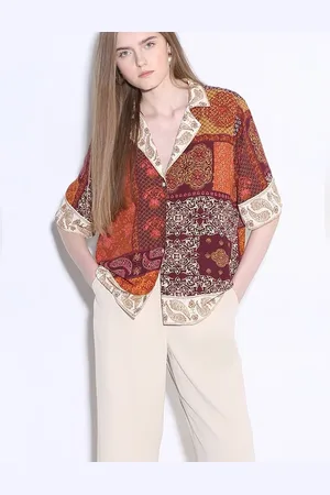 VERO MODA Women Orange Printed Shirt, Short Sleeves, Notched Lapel
