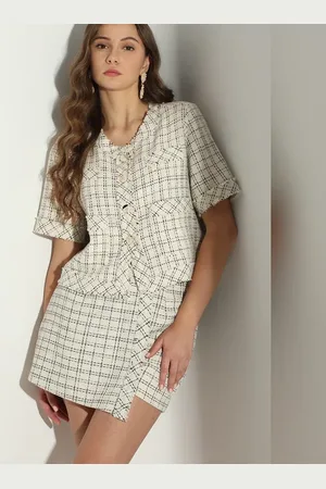 VERO MODA Women Off-White Check Co-ord Set Jacket, Short Sleeves, Round Neck