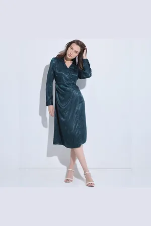 VERO MODA Women Dark Green Mock Wrap Midi Dress, Long Sleeves, Shirt Collar