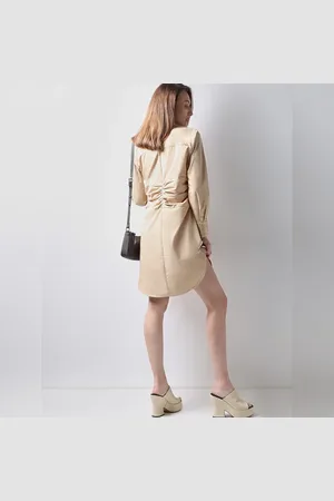 VERO MODA Women Beige Cotton Shirt Dress, Long Sleeves, Shirt Collar