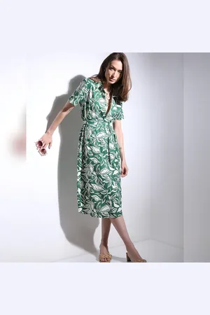 VERO MODA Women Green Abstract Print Shirt Dress, Short Sleeves, Shirt Collar