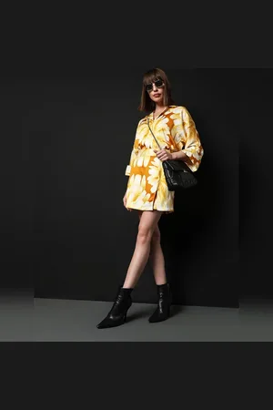 VERO MODA Women Yellow Floral Shirt, 3/4th Sleeves, Shirt Collar