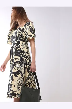 VERO MODA Women Beige Abstract Print Midi Dress, Short Sleeves, Square Neck