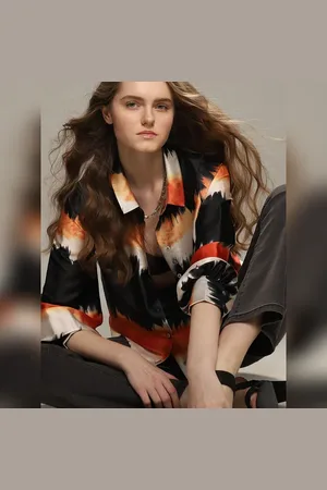 VERO MODA Women Black Watercolour Printed Shirt, Long Sleeves, Shirt Collar