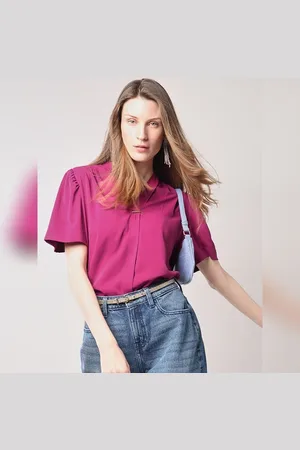 VERO MODA Women Deep Orchid V-Neck Top, Short Sleeves, V-Neck
