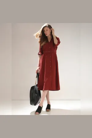 VERO MODA Women Dark Brown Midi Shirt Dress, Long Sleeves, Shirt Collar