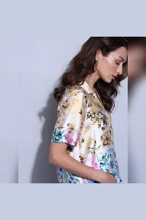 VERO MODA Women Multi-Colour Floral Satin Shirt, Short Sleeves, Notched Lapel