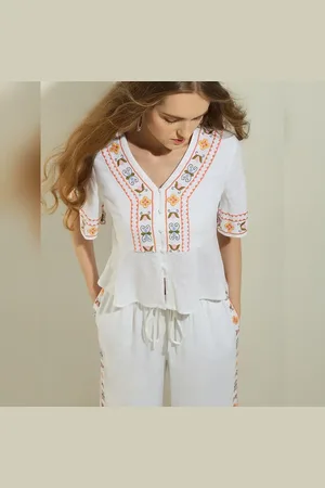 VERO MODA Women White Embroidered Co-ord Set Top, Short Sleeves, V-Neck