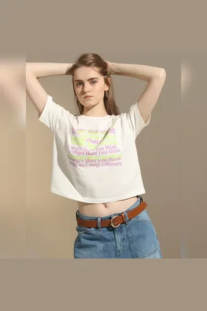VERO MODA Women White Text Print Cotton T-shirt, Short Sleeves, Round Neck