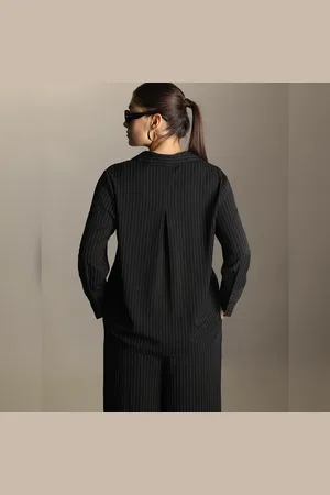 VERO MODA Women Curve Black Pinstripe Co-ord Set Shirt, Long Sleeves, Spread Collar