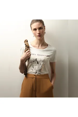 VERO MODA Women White Floral Print T-shirt, Short Sleeves, Round Neck