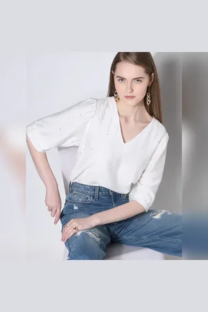 VERO MODA Women White Cotton Top, Short Sleeves, V-Neck