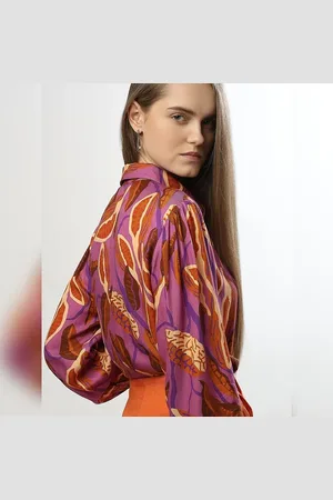 VERO MODA Women Purple Printed Shirt, Long Sleeves, Spread Collar
