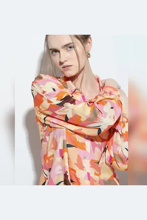 VERO MODA Women Orange Floral Print Shirt, Long Sleeves, Spread Collar