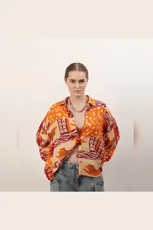 VERO MODA Women Orange Graphic Print Shirt, Long Sleeves, Spread Collar