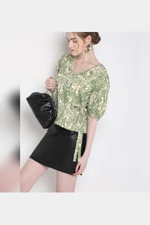 VERO MODA Women Green Printed Textured Wrap Top, Short Sleeves, V-Neck