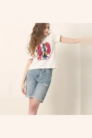 VERO MODA Women White Printed Cotton T-shirt, Short Sleeves, Round Neck