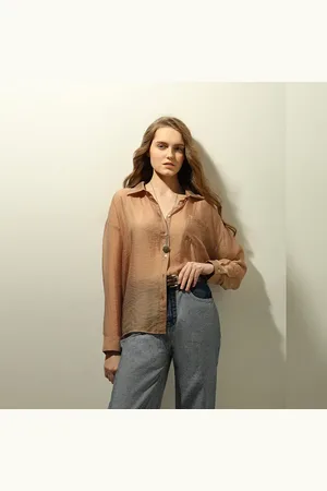 VERO MODA Women Brown Semi Sheer Shirt, Long Sleeves, V-Neck