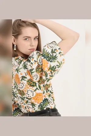 VERO MODA Women Off-White Floral Print Cotton Top, Short Sleeves, Round Neck