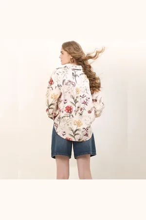 VERO MODA Women White Floral Print Linen Shirt, Long Sleeves, V-Neck