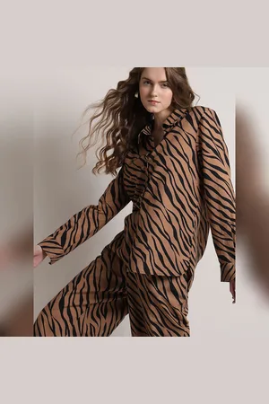 VERO MODA Women Brown Animal Print Co-ord Set Shirt, Long Sleeves, Spread Collar