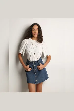 VERO MODA Women White Schiffli Cotton Top, Short Sleeves, Round Neck