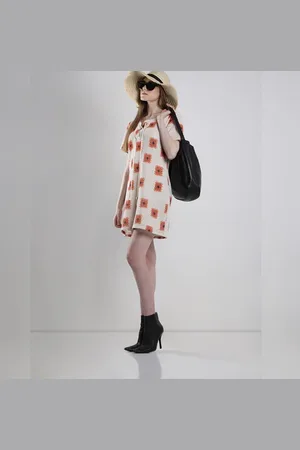 VERO MODA Women Beige Printed Crochet Dress, Short Sleeves, Tie Up Neck