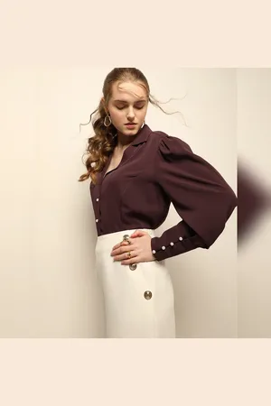 VERO MODA Women Plum Cuffed Sleeves Shirt, Long Sleeves, Notched Lapel
