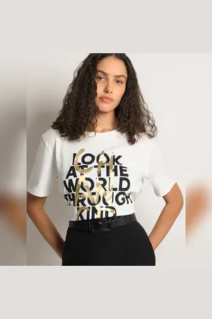 VERO MODA Women White Typographic Print Cotton T-shirt, Short Sleeves, Round Neck