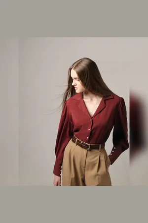 VERO MODA Women Brick Red Cuffed Sleeves Shirt, Long Sleeves, Notched Lapel