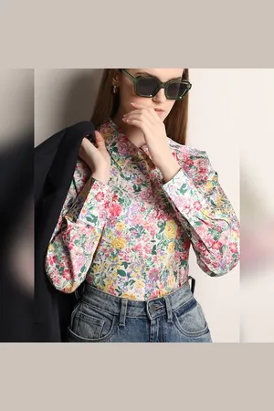 VERO MODA Women Pink Floral Satin Shirt, Long Sleeves, Spread Collar