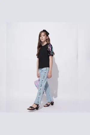 VERO MODA Girls Girls Black Sequin Sleeves Detail Top, Short Sleeves, Round Neck