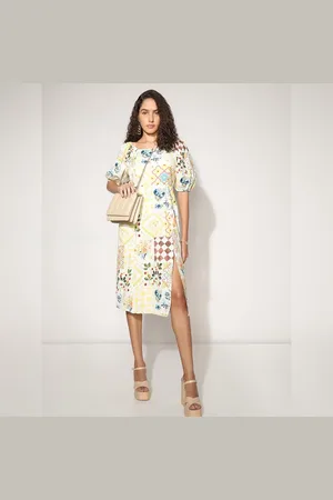 VERO MODA Women Pale Yellow Floral Midi Dress, Short Sleeves, Square Neck