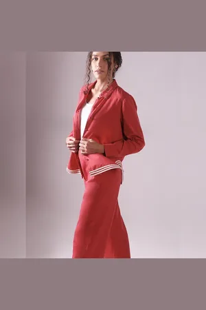 VERO MODA Women Red Contrast Hem Co-ord Set Shirt, Long Sleeves, Spread Collar