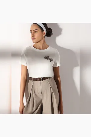 VERO MODA Women White Embellished Detail Cotton T-shirt, Short Sleeves, Round Neck