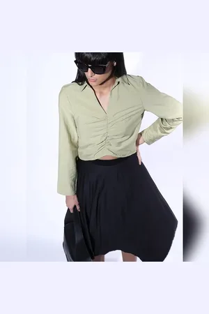 VERO MODA Women Green Ruched Cropped Shirt, Long Sleeves, Spread Collar