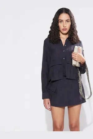 VERO MODA Women Navy Blue Co-ord Set Shirt, Long Sleeves, Spread Collar