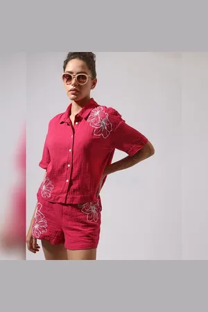 VERO MODA Women Pink Floral Print Co-ord Set Shirt, Short Sleeves, Spread Collar