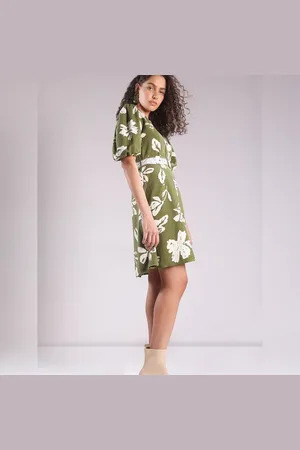VERO MODA Women Sage Green Floral Print Dress, Short Sleeves, V-Neck