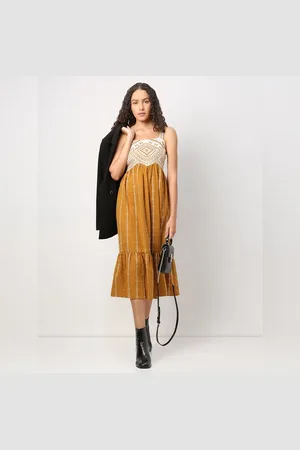 VERO MODA Women Mustard Embroidered Midi Dress, Sleeveless, Shoulder Straps